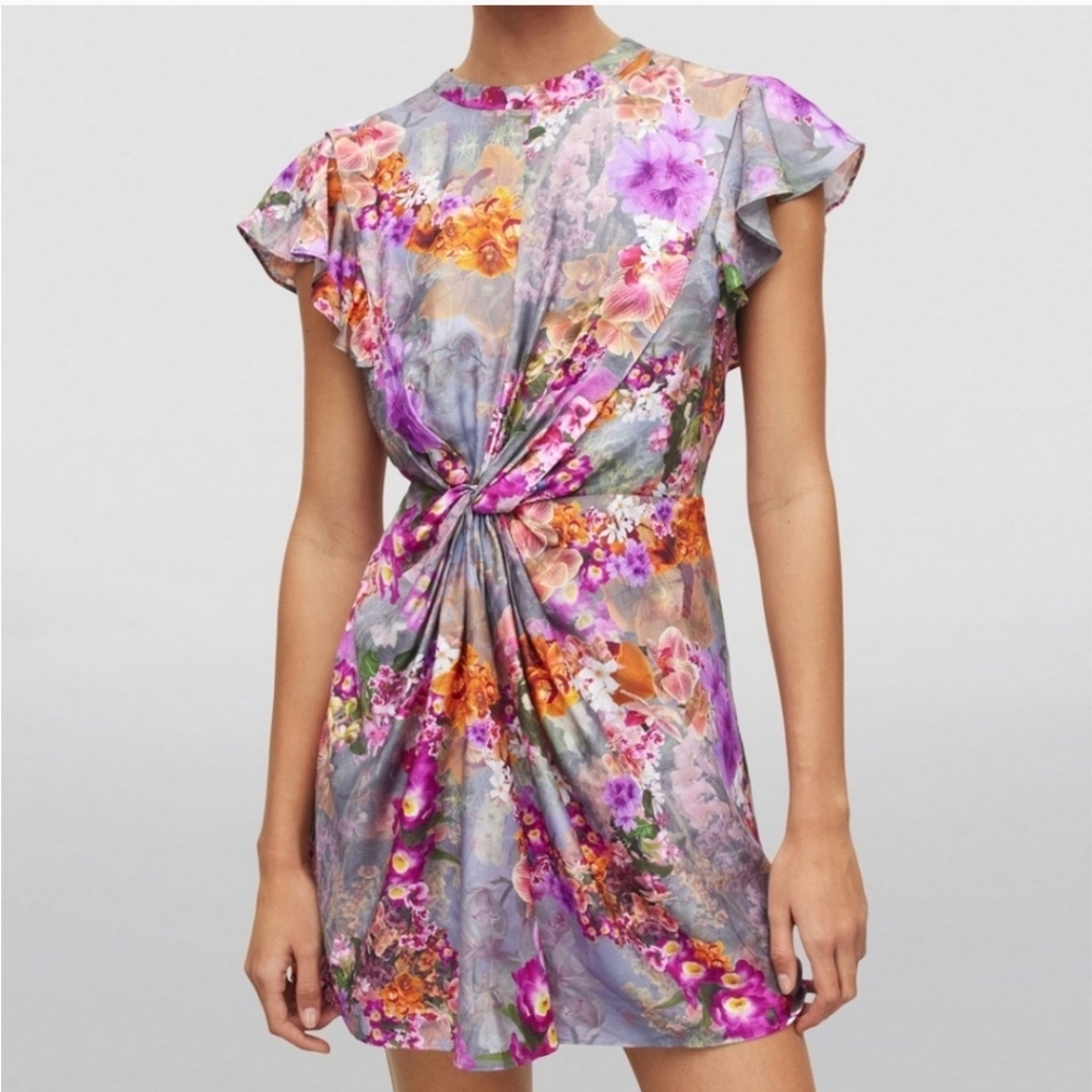 AllSaints Jemille Lucia Dress Peace Pink Floral Twist Waist - Picture 1 of 4